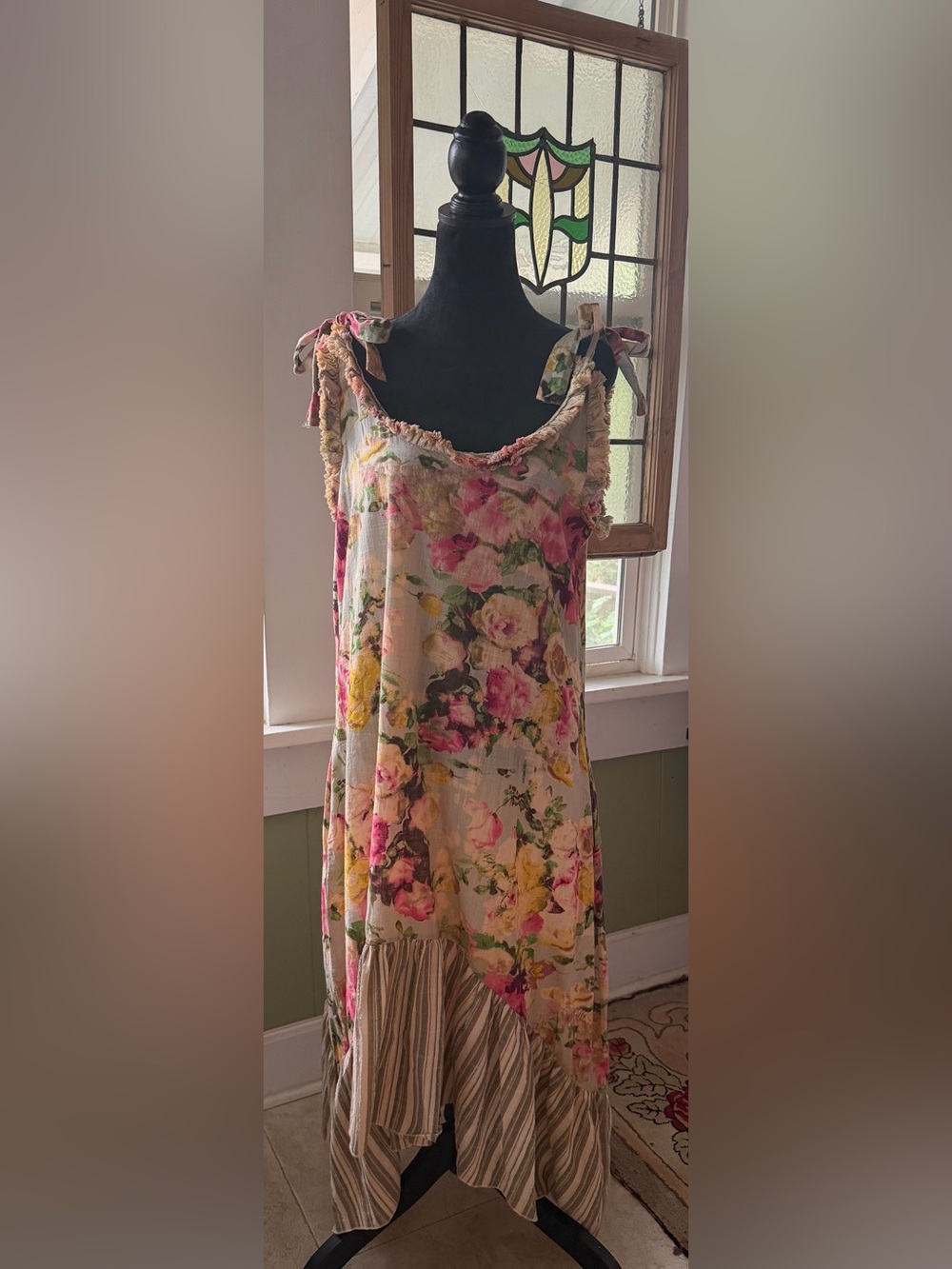 A Rare Bird linen floral asymmetrical striped hem sundress s/m NWT